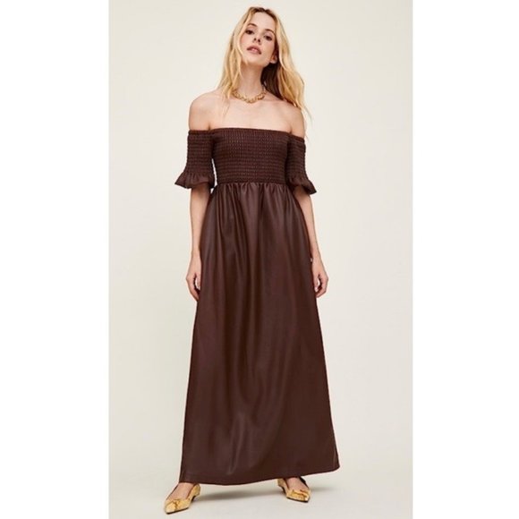 STAUD Dresses & Skirts - NWT Staud Mae Faux Leather Smocked Off Shoulder Maxi Dress in Bark